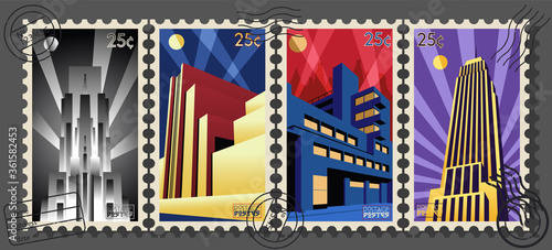 Art Deco Architecutre 1920s Skyscrapers Constructivism, Bauhaus Style Buildings Postage Stamps  photo