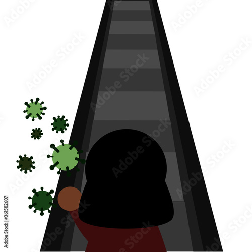 Woman hand touch the handrail of escalator icon vector illustration.  Coronavirus, covid-19 pademic concept.  photo