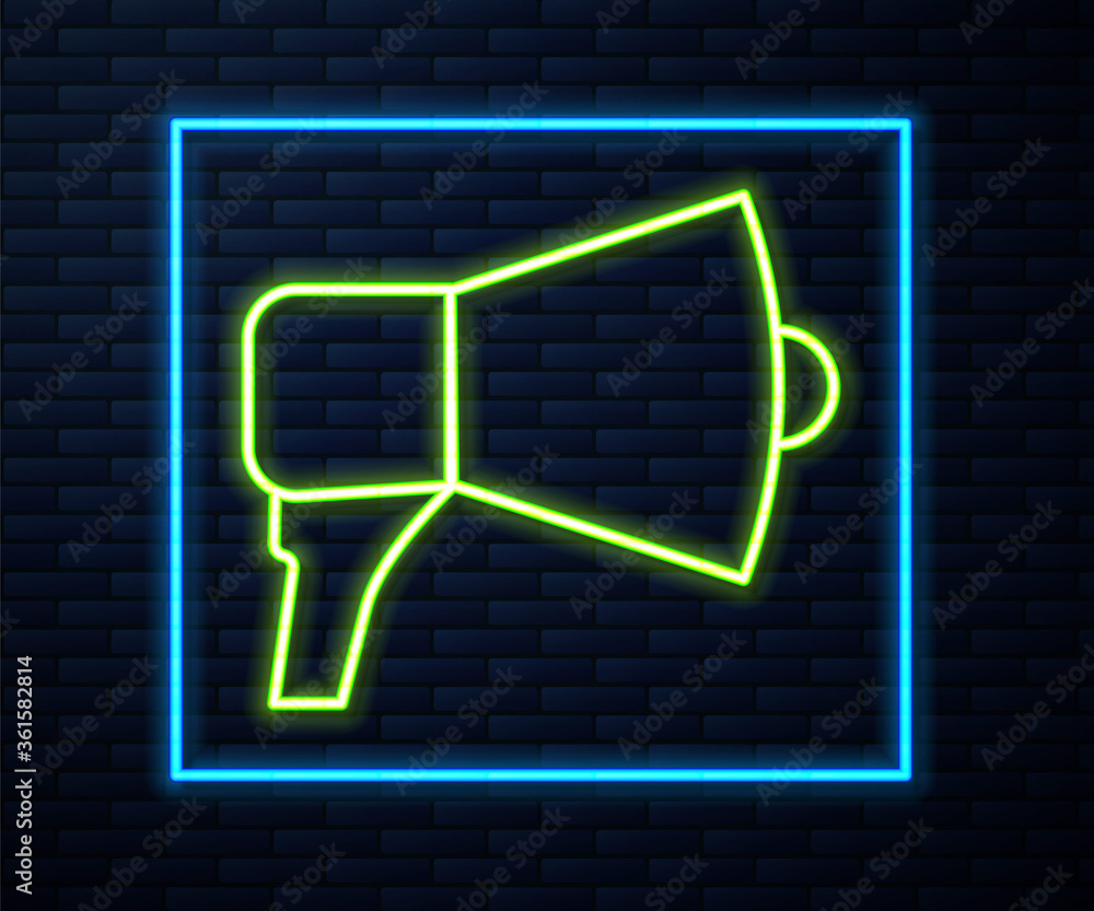 Glowing neon line Megaphone icon isolated on brick wall background. Speaker sign. Vector Illustration.
