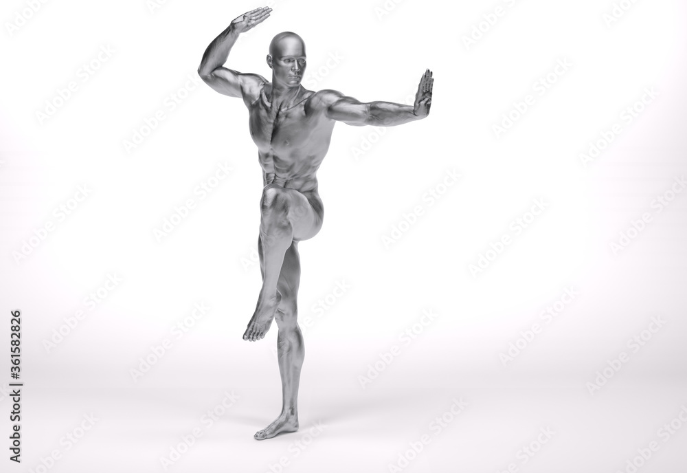 3d Render: a male character with silver texture pose an action with China martial Arts Styles, Kung Fu 3d Render: a male character with silver texture pose an action with China martial Arts Styles, Kung Fu