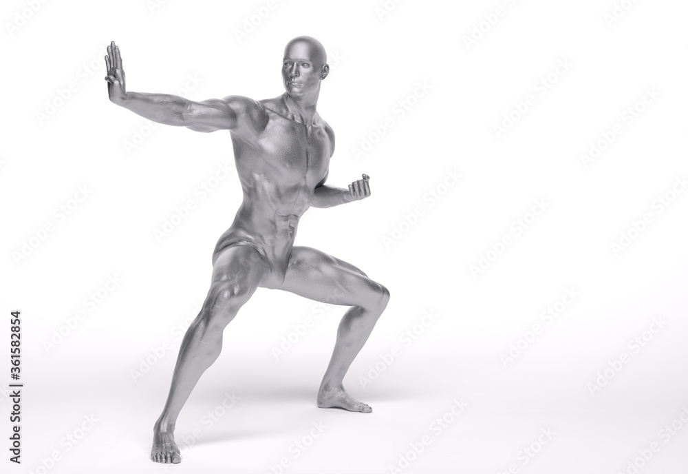 3d Render: a male character with silver texture pose an action with China martial Arts Styles, Kung Fu 3d Render: a male character with silver texture pose an action with China martial Arts Styles, Kung Fu