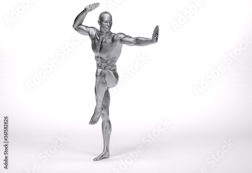 3d Render: a male character with silver texture pose an action with China martial Arts Styles, Kung Fu
