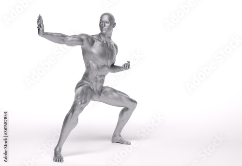 3d Render  a male character with silver texture pose an action with China martial Arts Styles  Kung Fu
