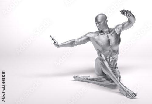 3d Render  a male character with silver texture pose an action with China martial Arts Styles  Kung Fu