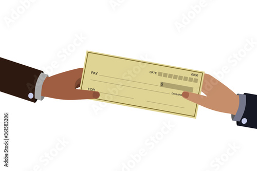 Human hand holding and giving bank cheque isolated on white. icon vector illustration. Paycheck and payroll concept.