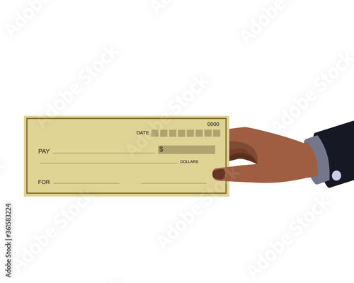 Human hand holding and giving bank cheque isolated on white. icon vector illustration. Paycheck and payroll concept.