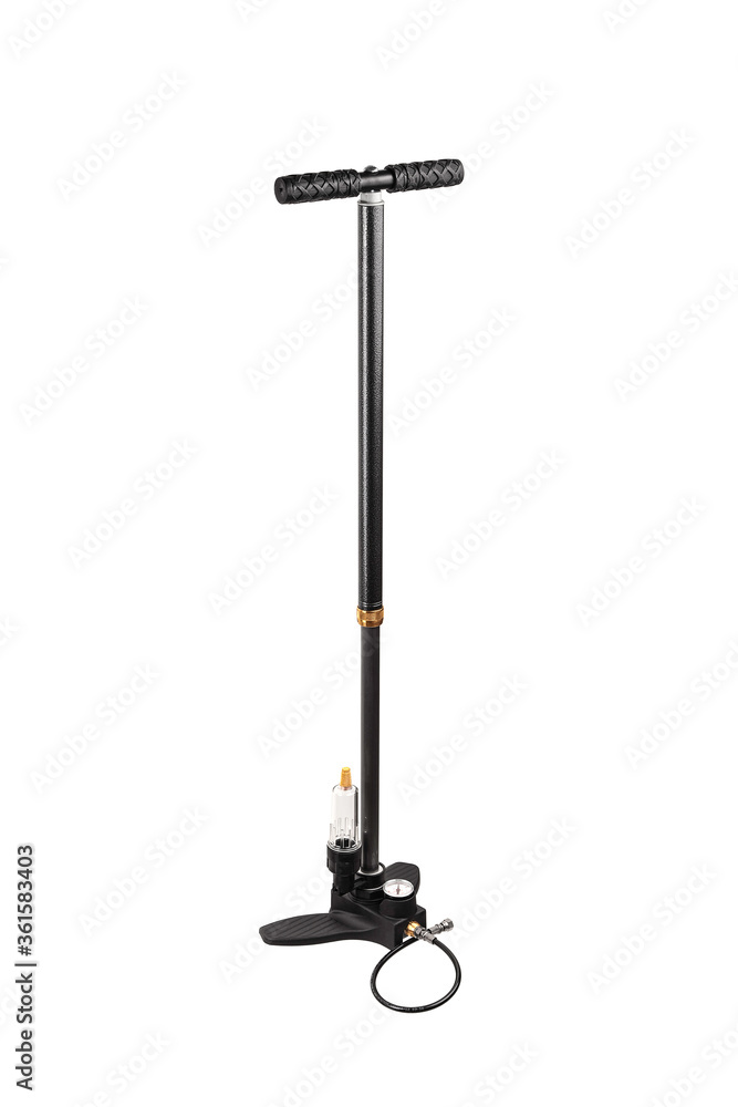 Bicycle hand pump with pressure sensor isolate on a white backg. Modern air pump with a barometer. Bicycle hand pump with pressure sensor isolate on a white backg. Modern air pump with a barometer.