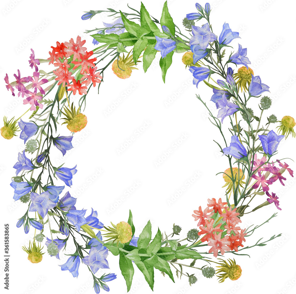 Large watercolor wreath of wild flowers and bluebells. Vintage background.
