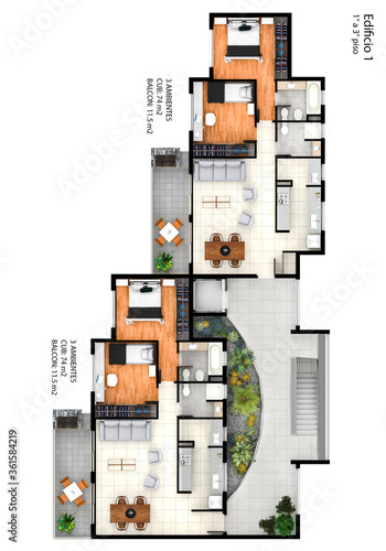 Apartment floor plan with furniture layout and terraces