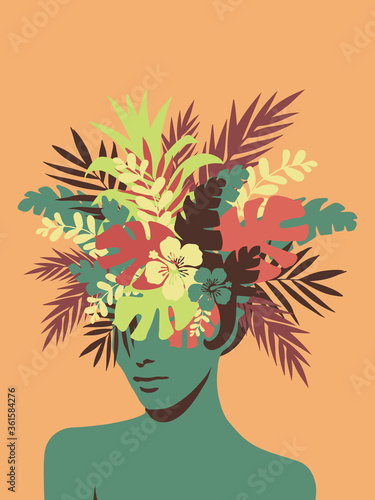 Woman silhouette isolated vector,  tropical foliage exotic headpiece, summer poster illustration