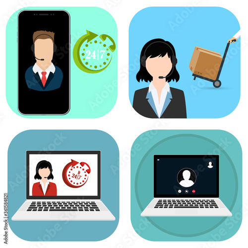 Call center operator avatar flat icon. Customer service and communications, customer support, telephone assistance, information, solutions. Vector