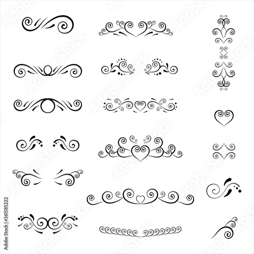 Decorative page divider. Isolated vector icons set on white background. Borders. Vector illustration. Original scroll elements for your design