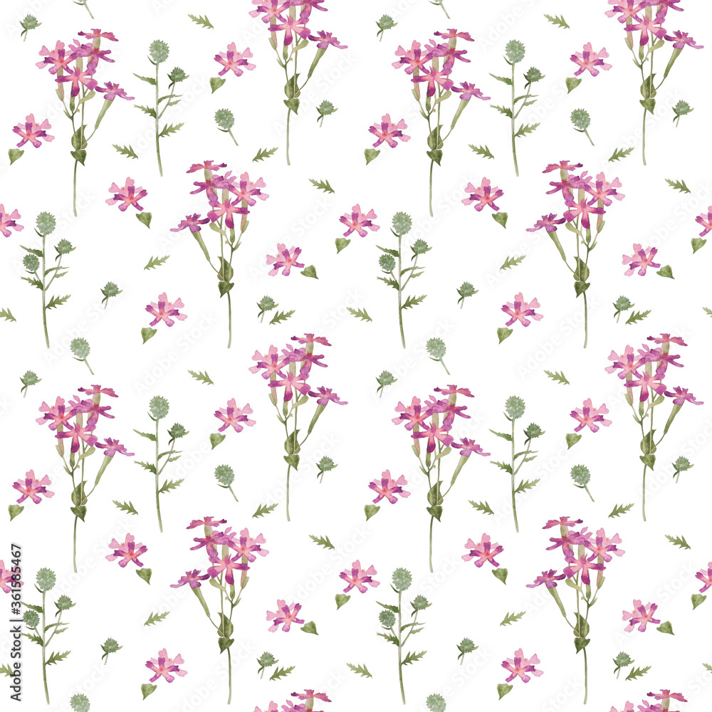 Fototapeta Seamless pattern with pink flowers and wild herbs. Watercolor illustration.
