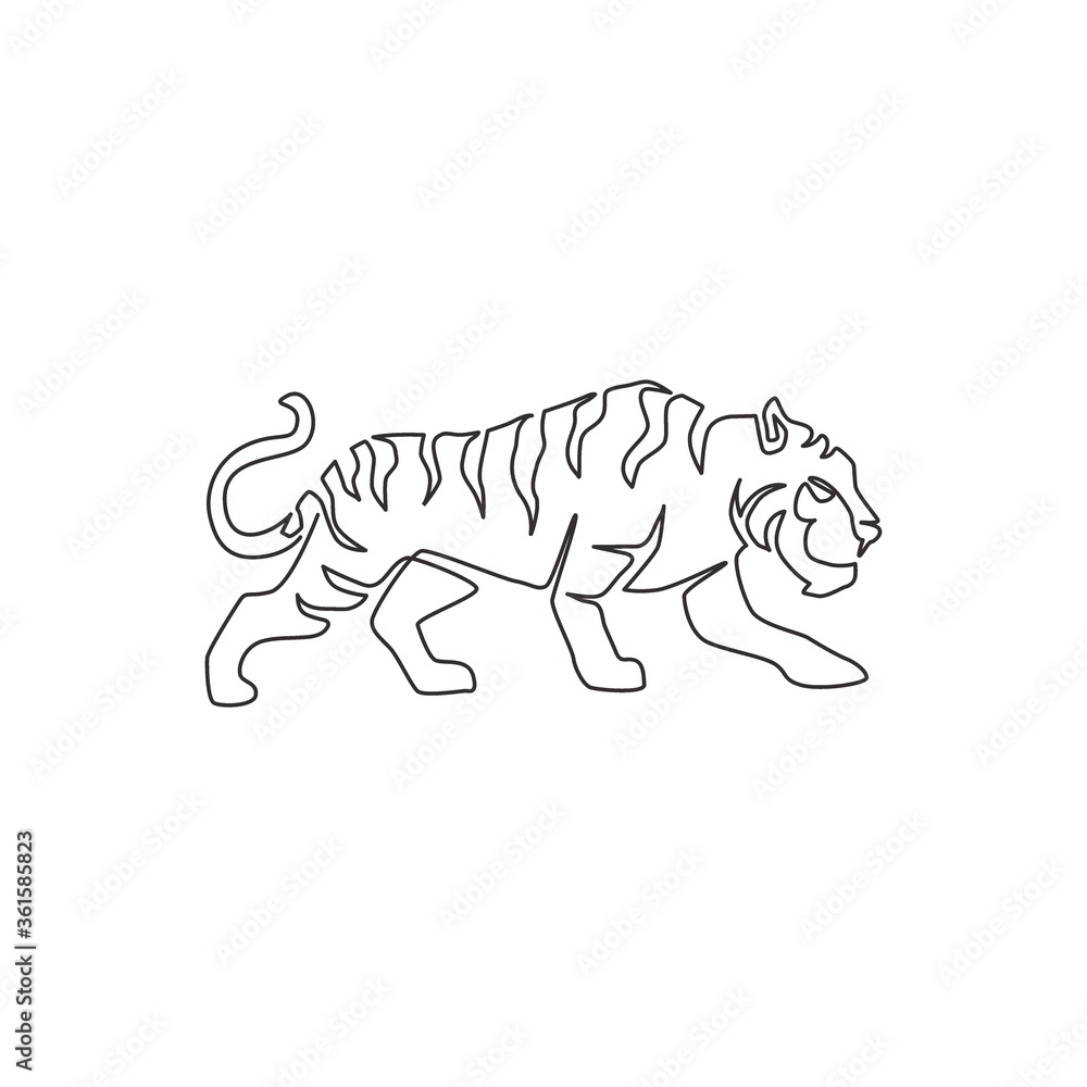 One single line drawing of wild Sumatra tiger for company business logo identity. Strong Bengal big cat animal mascot concept for national conservation park. Continuous line draw design illustration One single line drawing of wild Sumatra tiger for company business logo identity. Strong Bengal big cat animal mascot concept for national conservation park. Continuous line draw design illustration