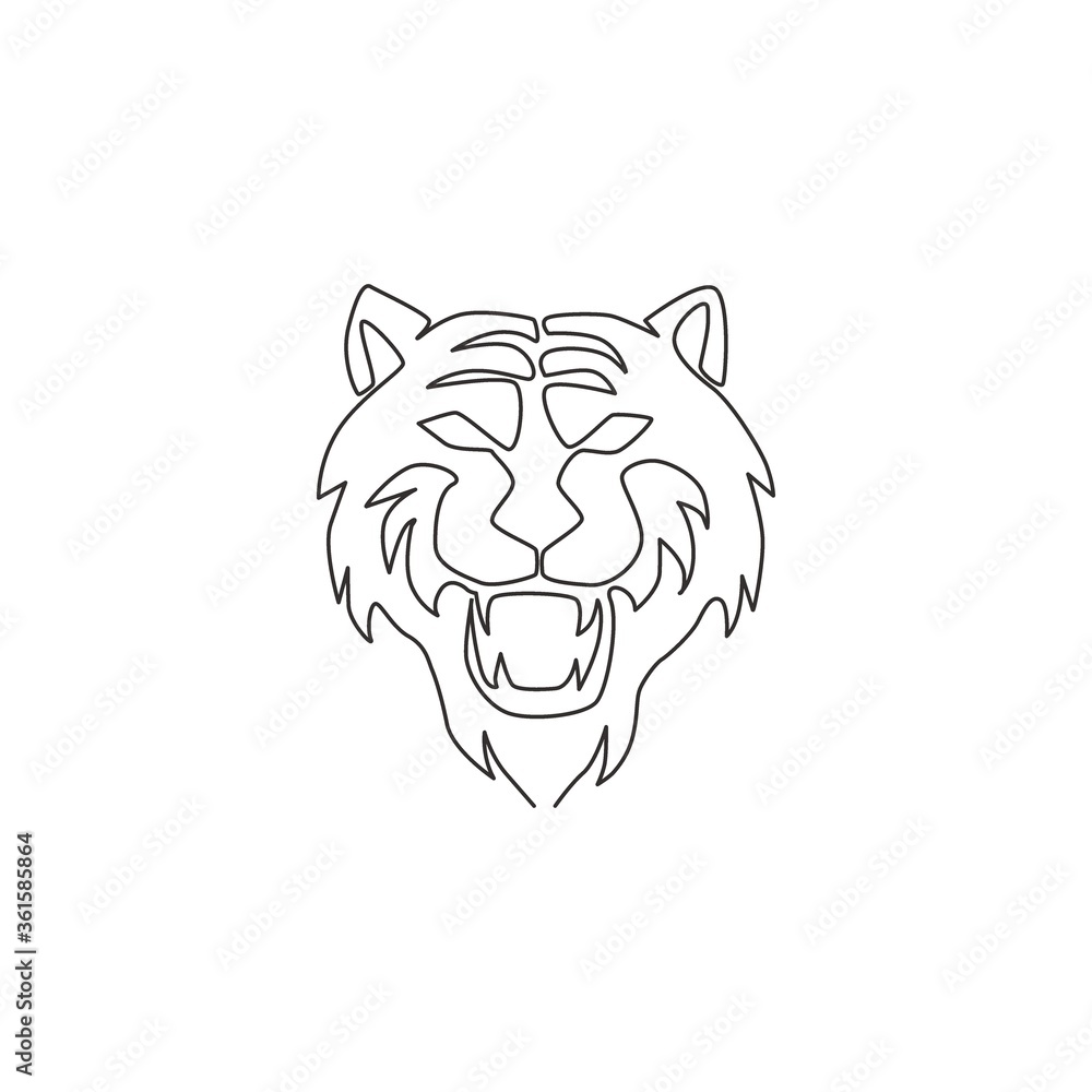 One single line drawing of wild Sumatra tiger head for business logo identity. Strong Bengal big cat animal mascot concept for national conservation park. Continuous line draw design illustration
