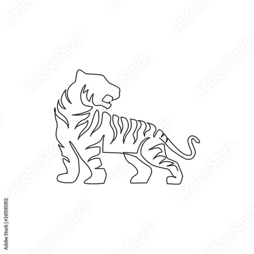 Single continuous line drawing of elegant Asian tiger for sport club logo identity. Dangerous big stripped cat mammal animal mascot concept for game club. One line draw design vector illustration