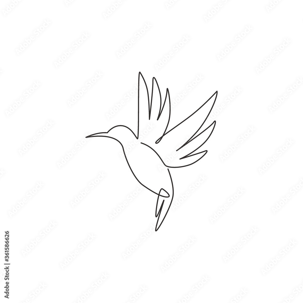 Obraz premium One continuous line drawing of cute hummingbird for company business logo identity. Little beauty bird mascot concept for conservation national forest. Single line draw vector design illustration