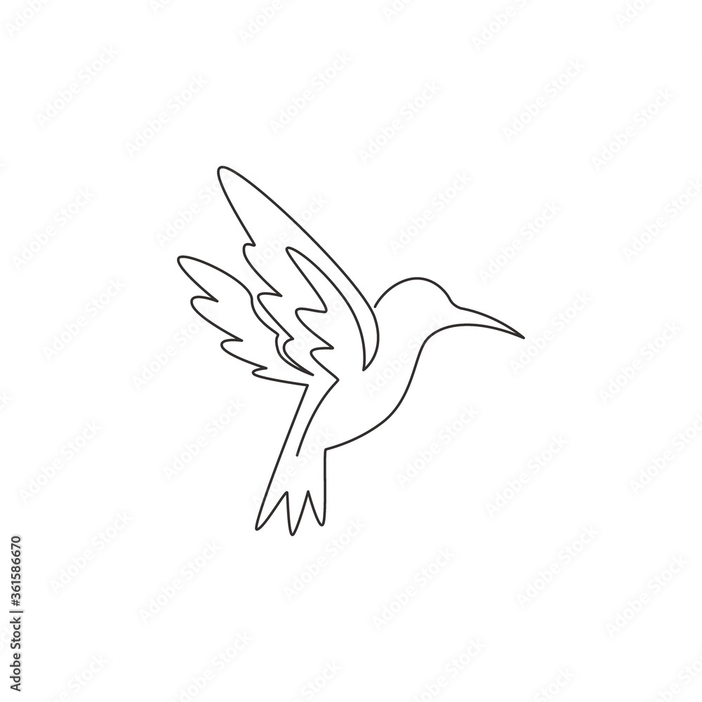 Obraz premium One single line drawing of cute hummingbird for company business logo identity. Little beauty bird mascot concept for avian national zoo park. Continuous line graphic vector draw design illustration