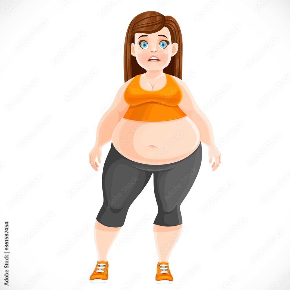Cute girl very full before losing weight in a tracksuit isolated on white background Cute girl very full before losing weight in a tracksuit isolated on white background