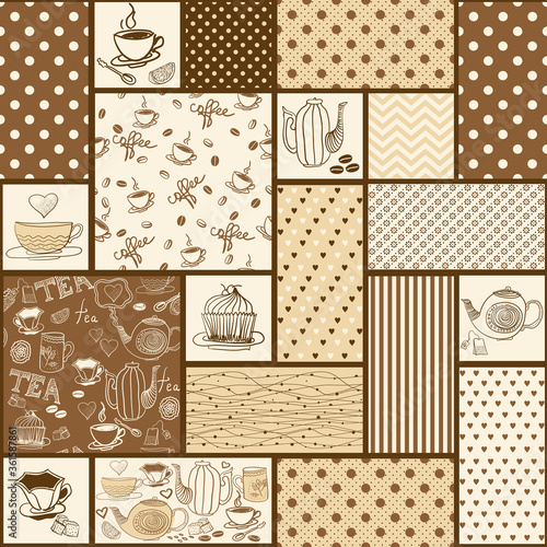 Seamless patchwork tile with hand drawn design elements: coffee beans, tea and coffee cups, dishes in brown and beige colors. Vector Illustration of a kitchen pattern.