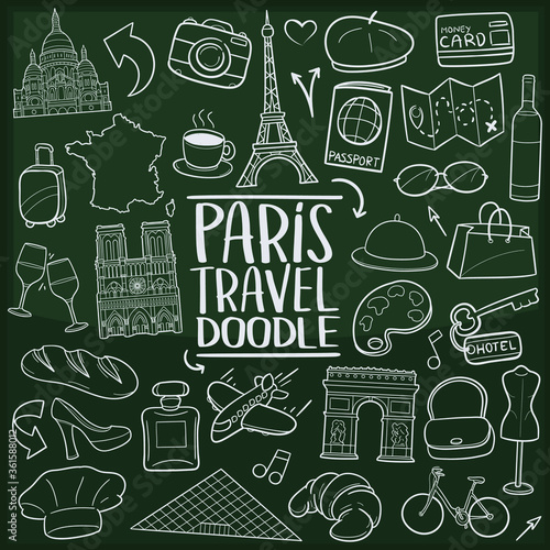 Paris Travel Doodle Line Icon Chalkboard Sketch Hand Made Vector Art