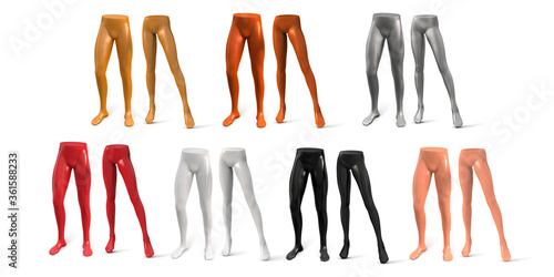 The slender legs of men and women. Plastic mannequins of different colors. Vector 3d realistic set isolated on white background.