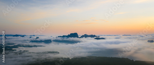 panorama landscape morning mist and sunrise Samet Nangchee view point of Phang nga ,Thailand.