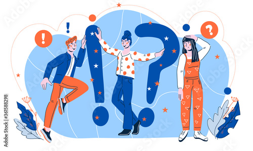 Quiz concept illustration of people asking questions and having answers, flat cartoon vector isolated. Questions and answers topic for online quiz game or questioning, interview.
