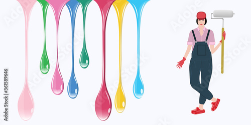 DIY home repair. Woman with paint roller, dripping drops of paint - isolated on white background - vector. Banner