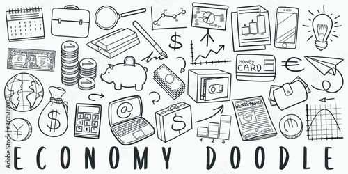 Economy Doodle Line Art Illustration. Hand Drawn Vector Clip Art. Banner Set Logos.