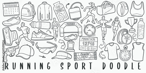 Runner Sport Doodle Line Art Illustration. Hand Drawn Vector Clip Art. Banner Set Logos.