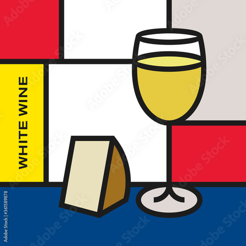 White wine glass with slab of cheese. Modern style art with rectangular shapes. Piet Mondrian style pattern.