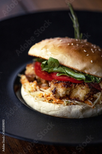 Healthy burger with meat, tomato and rucola