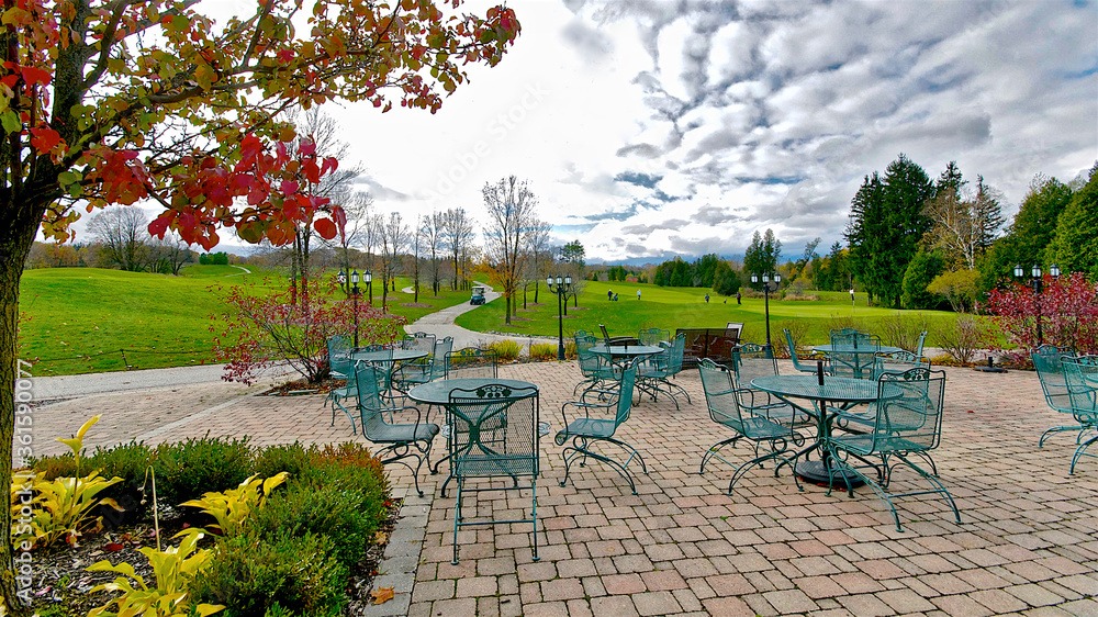 Outdoor cafe of a golf country club in autumn
