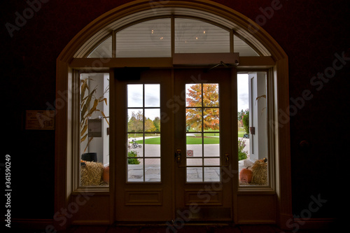 Silhouette of french doors with autumn leaf color outside.