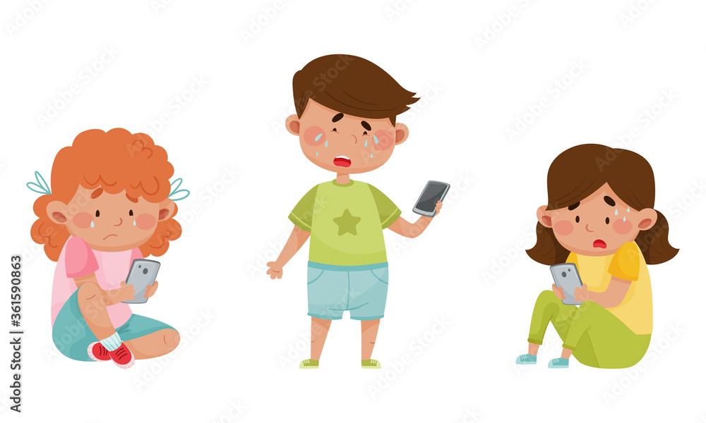 Little Kids with Smartphones and Frustrating Expression on Their Faces Vector Illustrations Set