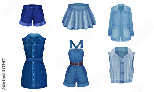 Denim Blue Clothing Items as Womenswear with Denim Dress and Skirt Vector Set
