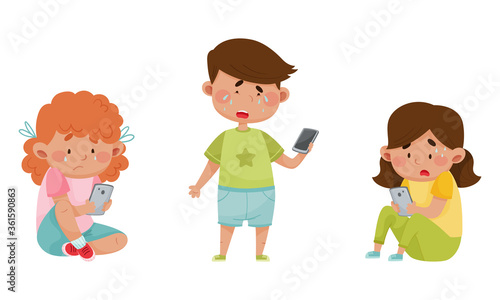 Little Kids with Smartphones and Frustrating Expression on Their Faces Vector Illustrations Set