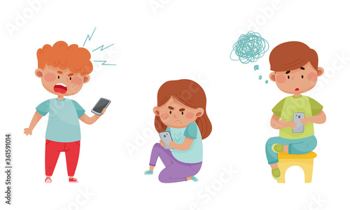 Little Kids with Smartphones and Frustrating Expression on Their Faces Vector Illustrations Set