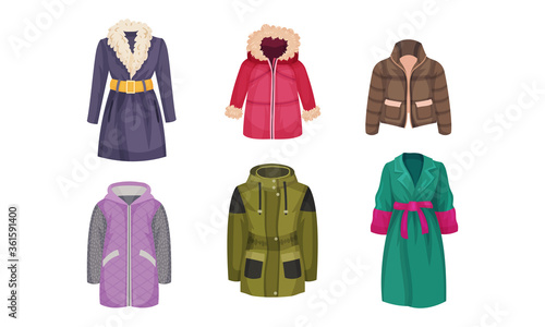 Autumnal and Winter Outerwear with Long Sleeved Clothing Items Vector Set