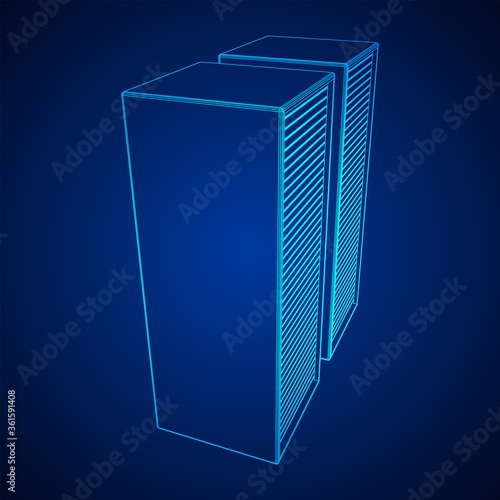 Data center storage room object. Hardware equipment telecommunication server. Computer database tower. Internet industry cluster. Wireframe low poly mesh 3d render illustration