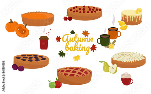 Autumn pastries, sweet pies set. With pumpkin, apples, pears, cherries, lemon. Vector. In the style of hand drawing.
