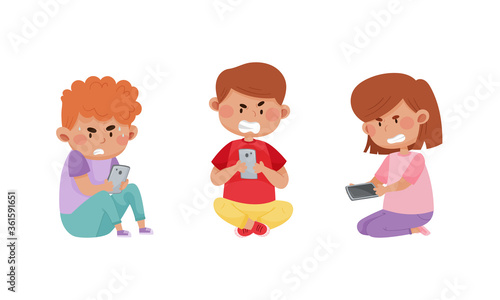 Little Kids with Smartphones and Frustrating Expression on Their Faces Vector Illustrations Set