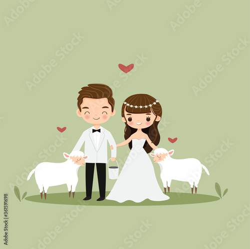 cute bride and groom couple cartoon with sheep for wedding card design
