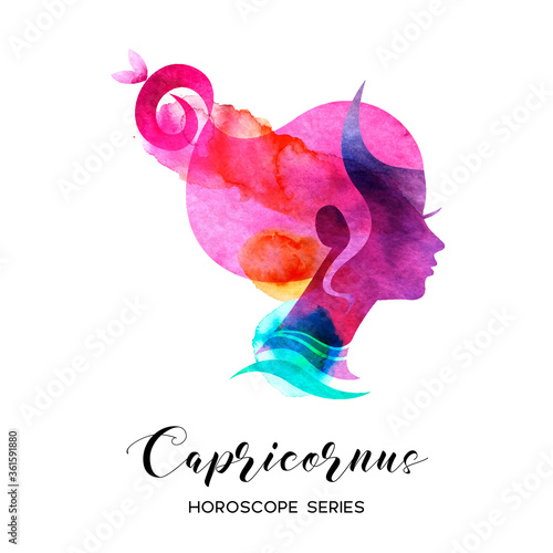 Carpicornus zodiac sign. Beautiful girl silhouette. Vector illustration. Horoscope series
