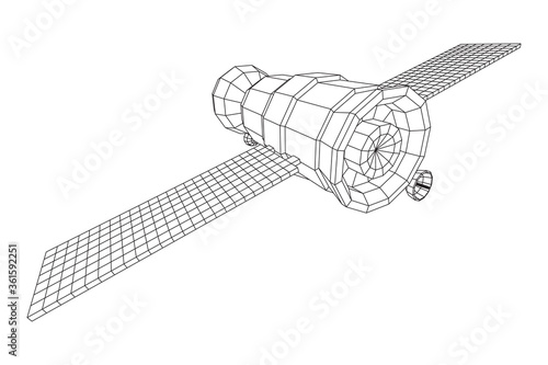 Space station communications satellite. Wireframe low poly mesh vector illustration.
