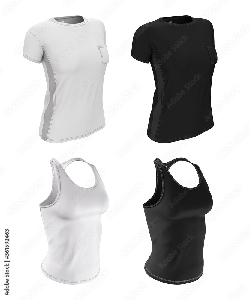 Shirt and t-shirt for sports activities. Women's sportswear. 3d illustration of white and black color. Template, Mock up. Clothing for presentation of print design. Shirt and t-shirt for sports activities. Women's sportswear. 3d illustration of white and black color. Template, Mock up. Clothing for presentation of print design.