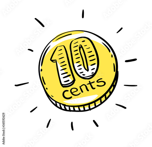 10 cents coin of very small amount of money. Gold Coin shining currency symbol. Best offer and super sale price creative concept. Vector illustration photo