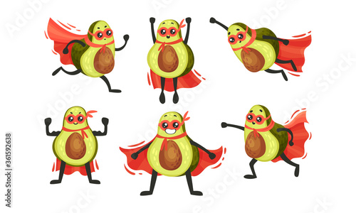 Funny Avocado Wearing Superhero Red Cloak and Mask Running Vector Illustration