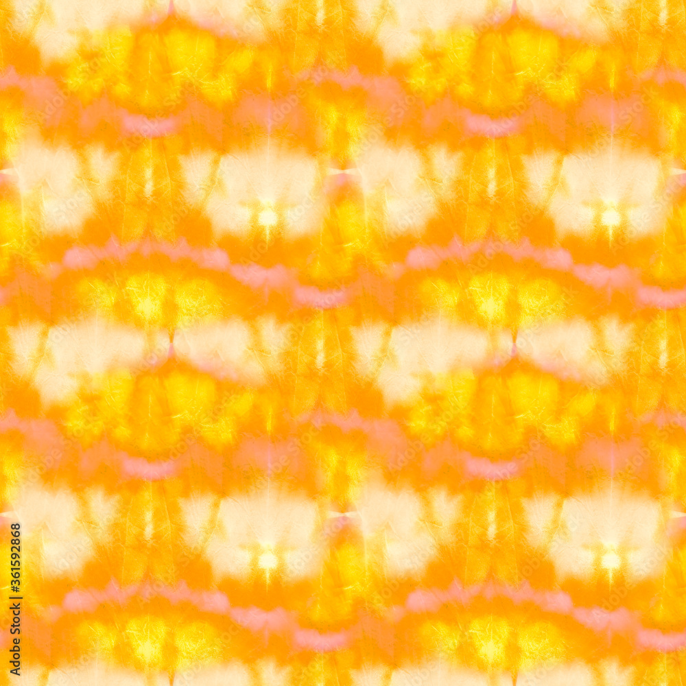 Fototapeta premium Yellow Endless Copper Tie Dye Wash. Dirty Art Wallpaper. Sunny Repeated Fire Color Batik Brush Banner. Mustard Ornamental Pumpkin Watercolor Painting.